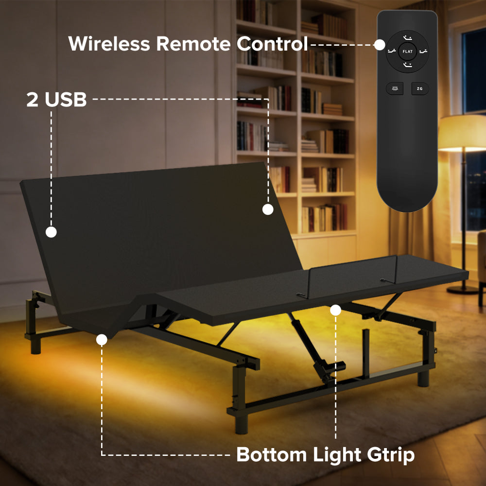 Queen Size Adjustable Bed Base | 0-61° Head & 0-37° Foot Incline | Wireless Remote | Zero Gravity & Anti-Snore | 4 USB Ports & Under-Bed Nightlights | Quiet Motor ≤90db | Black