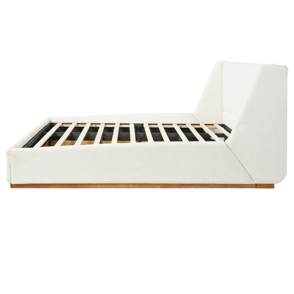 Queen/King Size Luxury Wingback Platform Bed | Splash-Resistant Boucle Fabric | High-Elasticity Foam Padding | Solid Rubberwood Frame | 800 lbs | No Box Spring Needed | White