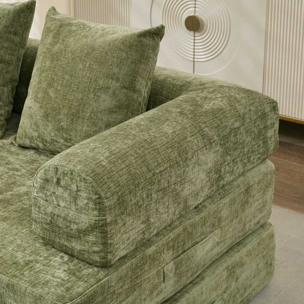 78.8" Convertible Folding Floor Sofa Bed | Chenille Couch with Foldable Armrests | Sponge + Spring Support | 3-Tiered Space-Saving Design | Free Pillows Included | Anti-Slip Base | No Assembly | Living Room, Bedroom, Studio | Green/Beige/Blue/Gray/Or