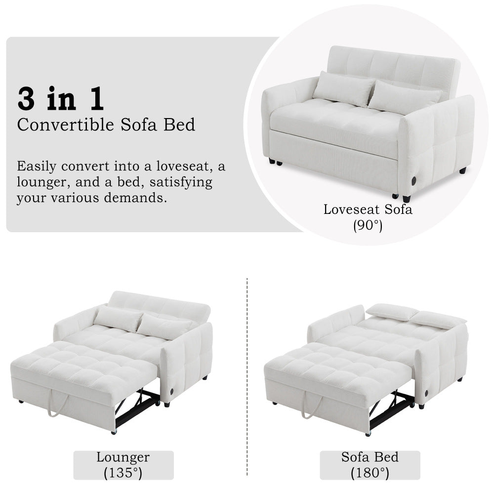 52.8" Loveseat Pull-Out Sleeper Sofa Bed | 2-Seat Tufted Chenille Couch | Adjustable Backrest 90°/135°/180° | 3 Built-In USB Ports | High-Density Foam | 2 Lumbar Pillows | Sturdy Multi-Wood Frame | Beige/Gray/Blue/Green