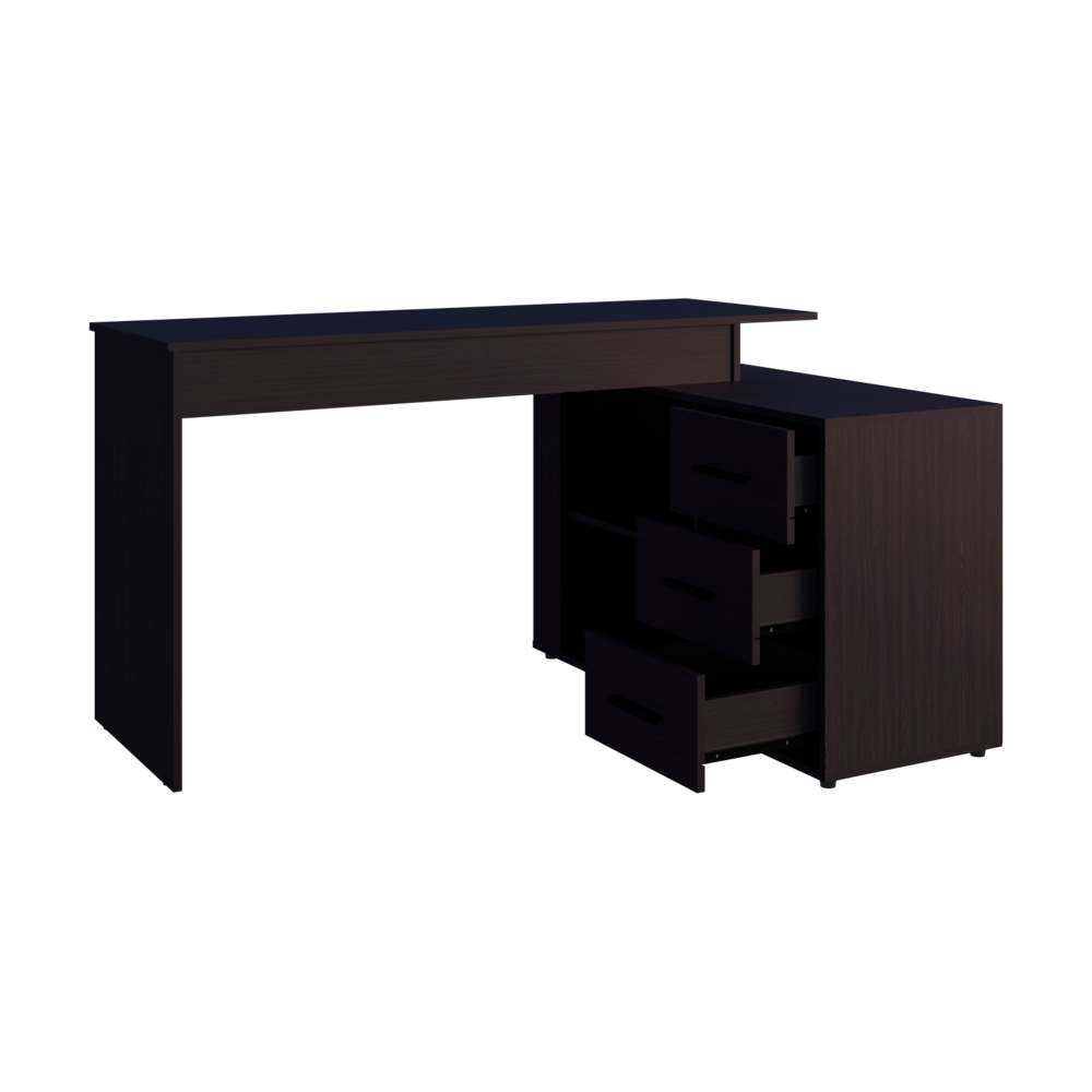 Wenge L-Shaped Desk with 3 Drawers and Storage Space — 54.1" W x 39.9" D x 29.5" H | Modern Computer Desk | Pedestal Base | Spacious Work Surface | Under-Desk Storage | Particle Board | Office, Home Office & Study Room | Wenge