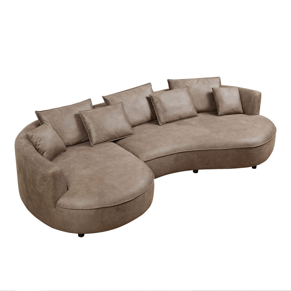 128.74" Modern Curved L-Shape Sectional Sofa | 5-Seat Leathaire Technology Cloth Couch | High-Density Foam + Elastic Spring | 5 Pillows Included | Easy Assembly | Living Room, Apartment, Office | Brown