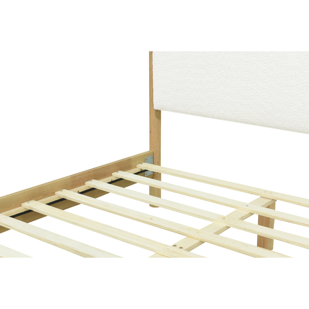 Queen/King Size White Boucle Upholstered Platform Bed | Natural Rubberwood Legs | Sustainable Engineered Wood Frame | No Box Spring Needed | Scandinavian Modern Style | White
