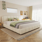 Queen/King Size Boucle Upholstered Platform Bed | Curved Rounded Headboard | Solid Plywood & Steel Frame | Plush Looped Yarn Fabric | No Box Spring Needed | 30-Min Easy Assembly | Beige