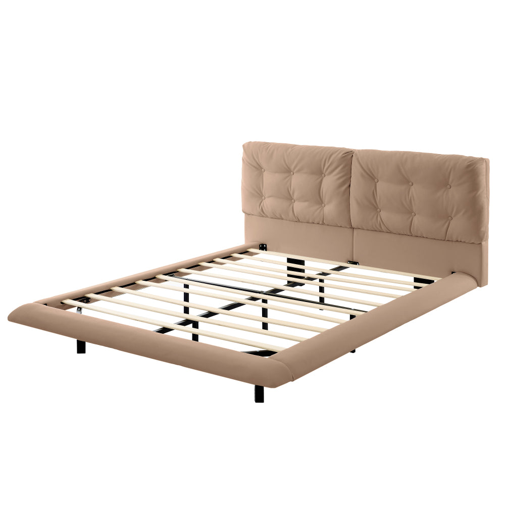 Queen Size PU Leather Floating Platform Bed | Button Tufted Segmented Headboard | Remote-Controlled LED Light Strip 6 Colors | 800 lbs | Hidden Leg Design | No Box Spring Needed | Pink / White / Khaki