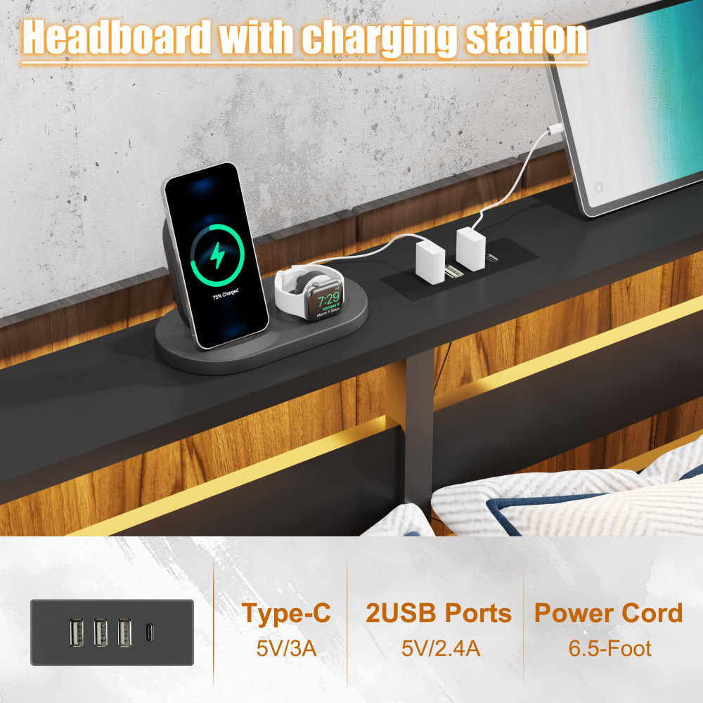 Full Size Metal Platform Bed | Wooden Headboard with USB Charging Station & LED Lights | Under-Bed Storage | 600 lbs Heavy Duty | No Box Spring Needed | Easy Assembly | Black