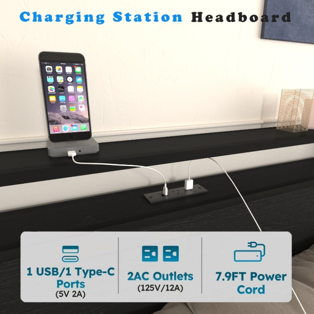 Twin/Full/Queen Size Metal Platform Bed with 4 Storage Drawers | Headboard Charging Station 2 Outlets & 2 USB | 16 RGB LED Lights 60000+ Colors | Heavy Duty Steel Slats | No Box Spring Needed | Black