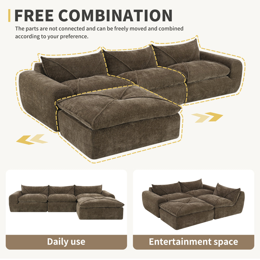 116" Fully Compressed 4-Seat Chenille Sectional Sofa | Integrated Backrest & Seat Cushion | Free Movement Ottoman | Decorative Edging | Legless Low-Profile Design | No Assembly Required | Living Room, Apartment | Brown/White/Green/Orange