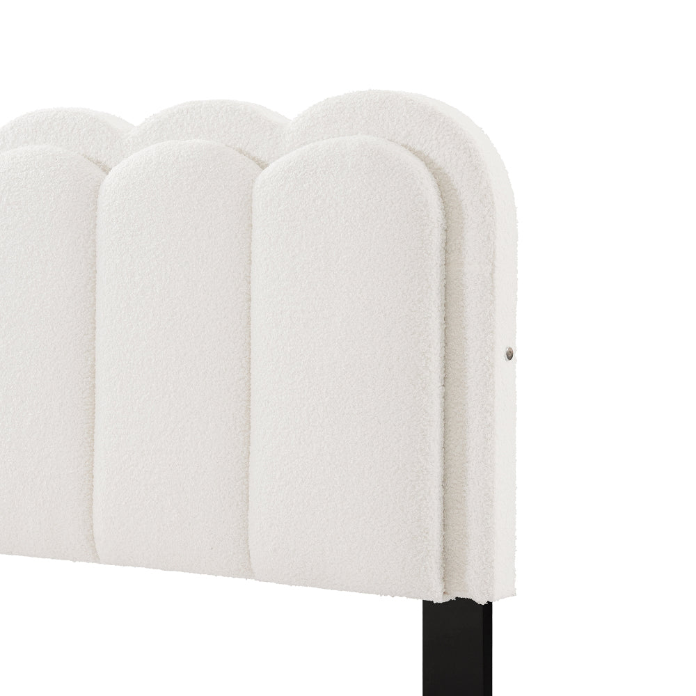Full/Queen Size Boucle Platform Bed | Petal-Shaped Scalloped Headboard | Built-In Ambient Bedside Light | Rubberwood Legs | Silent Frame Design | No Box Spring Needed | White/Cream