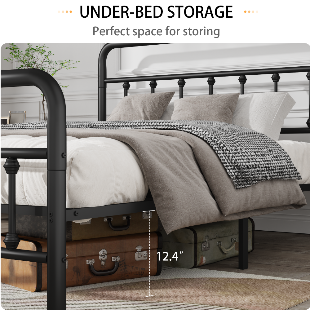 Twin/Full/Queen Size Metal Platform Bed Frame | Classic Spindle Headboard & Footboard | Reinforced Sturdy Structure | Ample Under-Bed Storage | No Box Spring Needed | Black/Charcoal Gray/White