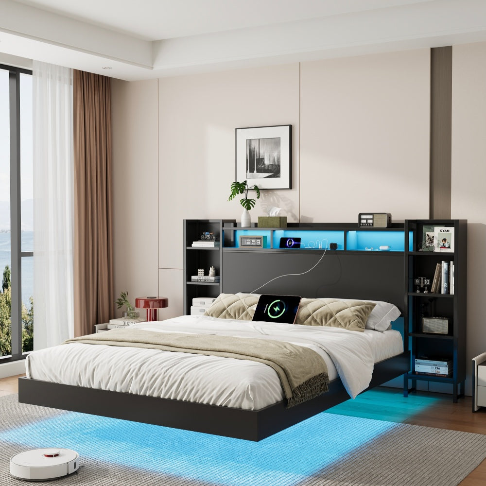 Full/Twin Size Floating Platform Bed | Bookcase Storage Headboard with LED Lights | 2 Outlets 1 USB 1 Type-C Charging | 4-Tier Side Shelves | 1000 lbs Heavy Duty Metal | No Box Spring | Black