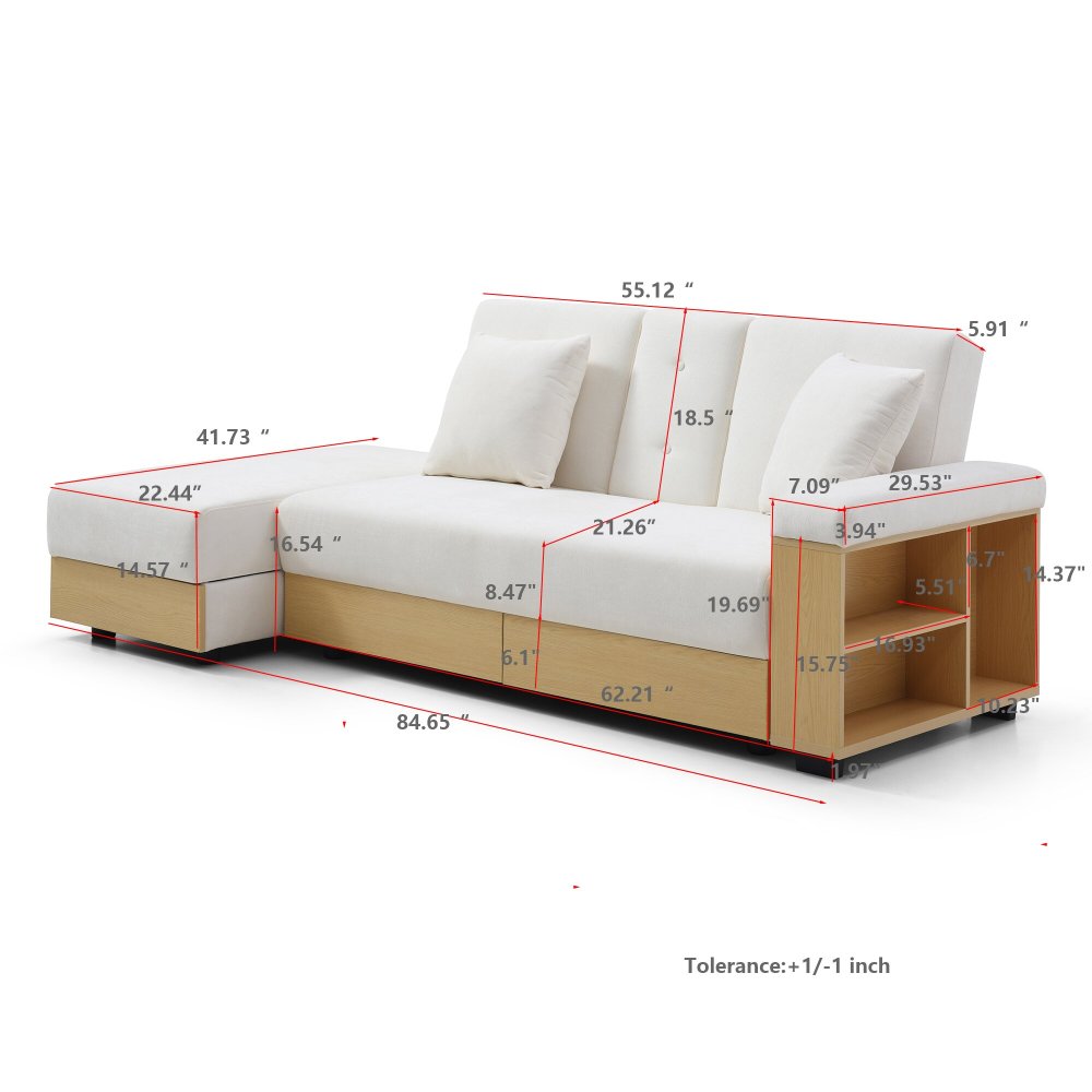 3-Seat Convertible Sleeper Sofa Couch | Double Folding Sofa Bed | Storage Ottoman + 2 Drawers | Drop-Down Coffee Table + 2 Cup Holders | Reversible Armrest | Cotton Linen + High-Density Foam | Living Room, Apartment, Office | Beige