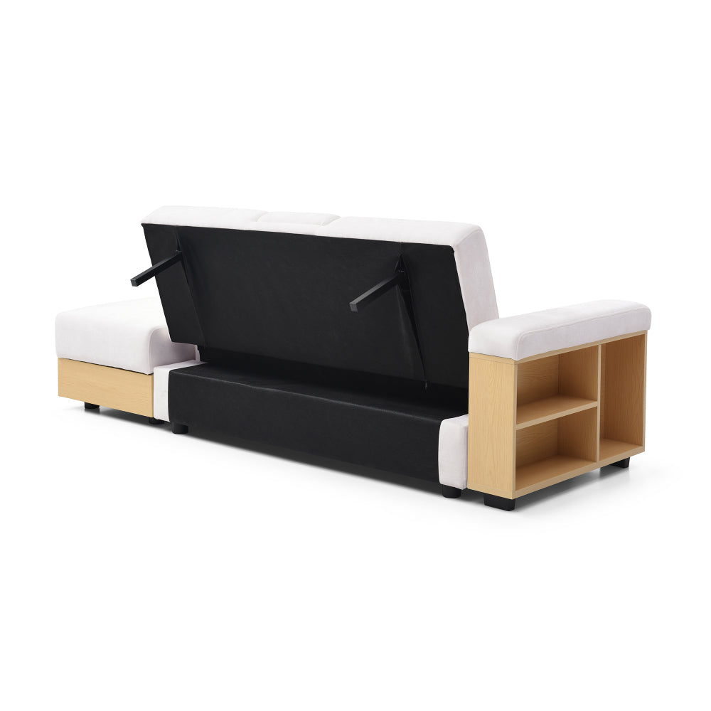 3-Seat Convertible Sleeper Sofa Couch | Double Folding Sofa Bed | Storage Ottoman + 2 Drawers | Drop-Down Coffee Table + 2 Cup Holders | Reversible Armrest | Cotton Linen + High-Density Foam | Living Room, Apartment, Office | Beige