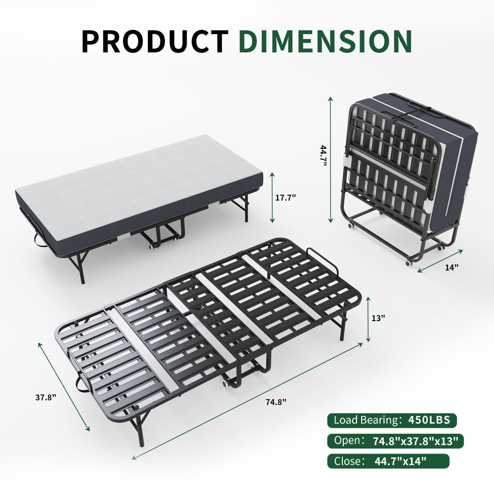 Extra Long Folding Bed for Tall People, Heavy-Duty 450lbs Capacity Rollaway Guest Bed with 5" Memory Foam Mattress
