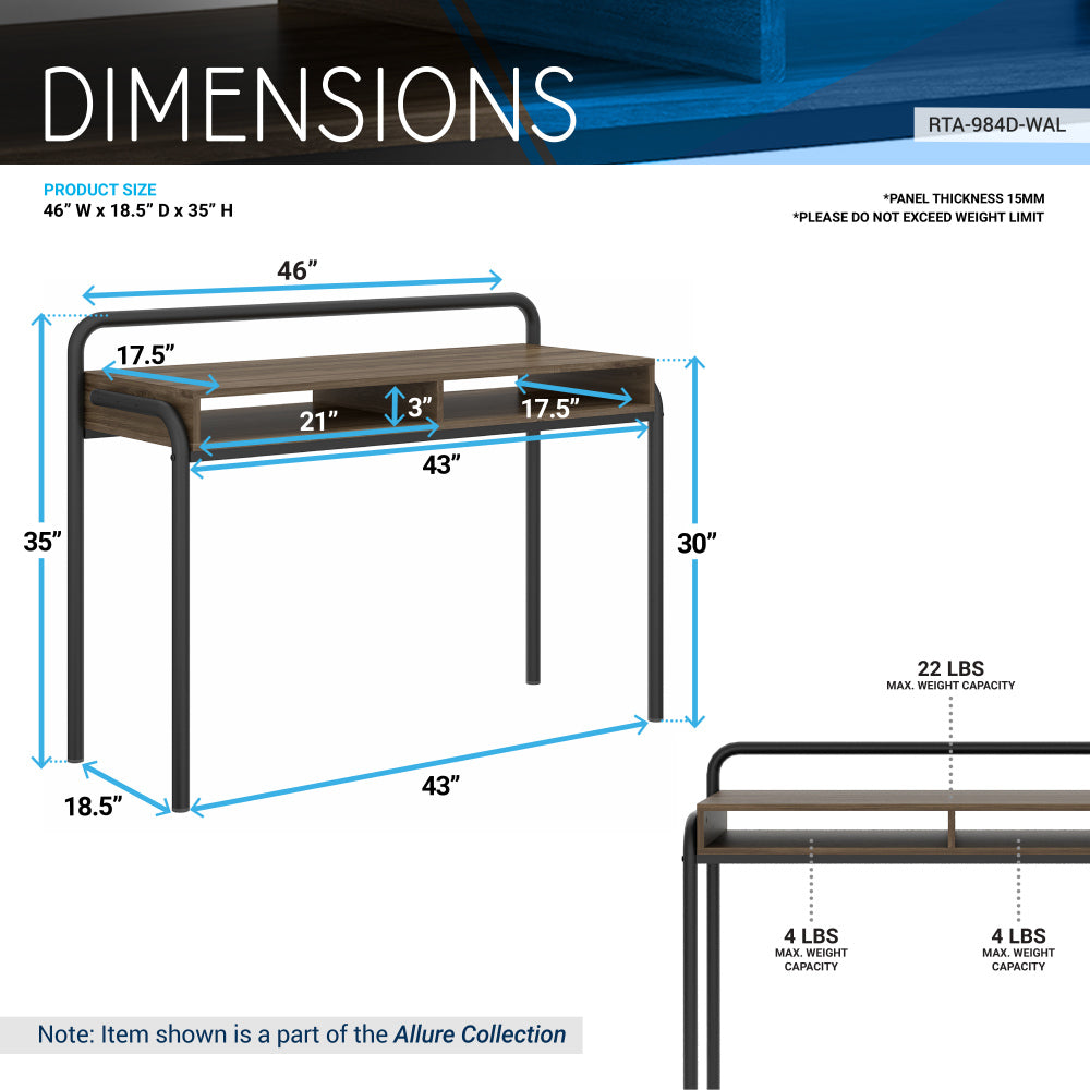 45.8" Modern Classic Writing Desk | Woodgrain Walnut MDF Top | Powder-Coated Steel Frame | 2 Under-Desk Open Shelves | Industrial Style | Part of Allure Collection | Home Office, Study Room | Walnut