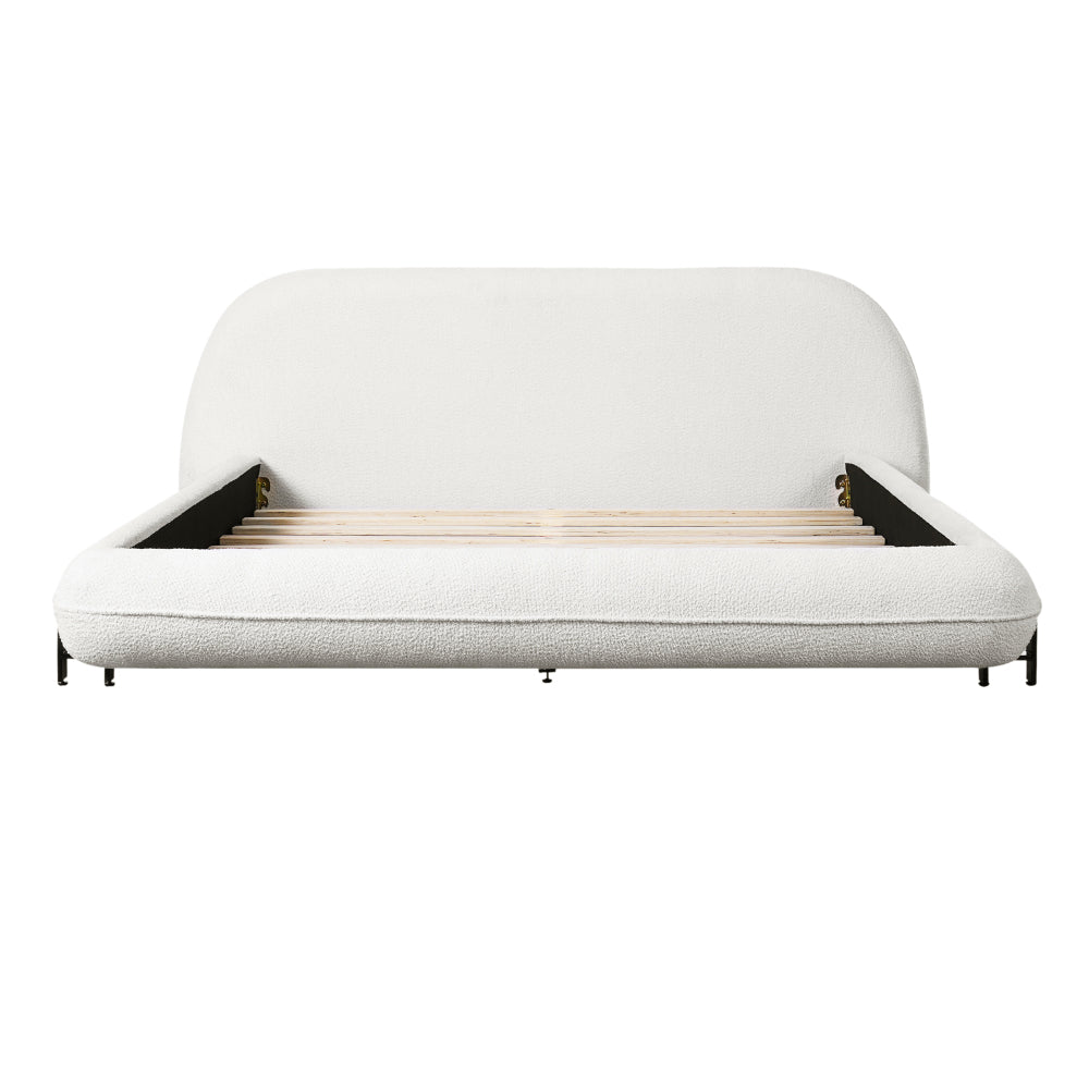 Queen/King Size Boucle Upholstered Platform Bed | Thick Curved Headboard | Solid Wood Center Legs & Dual Steel Outer Legs | 500 lbs | Embedded Structure | No Box Spring Needed | White