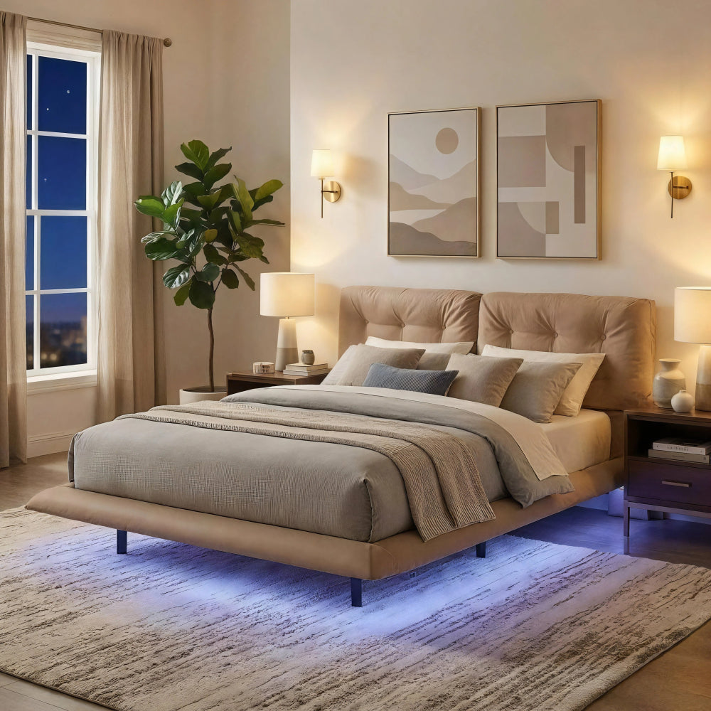 Queen Size PU Leather Floating Platform Bed | Button Tufted Segmented Headboard | Remote-Controlled LED Light Strip 6 Colors | 800 lbs | Hidden Leg Design | No Box Spring Needed | Pink / White / Khaki