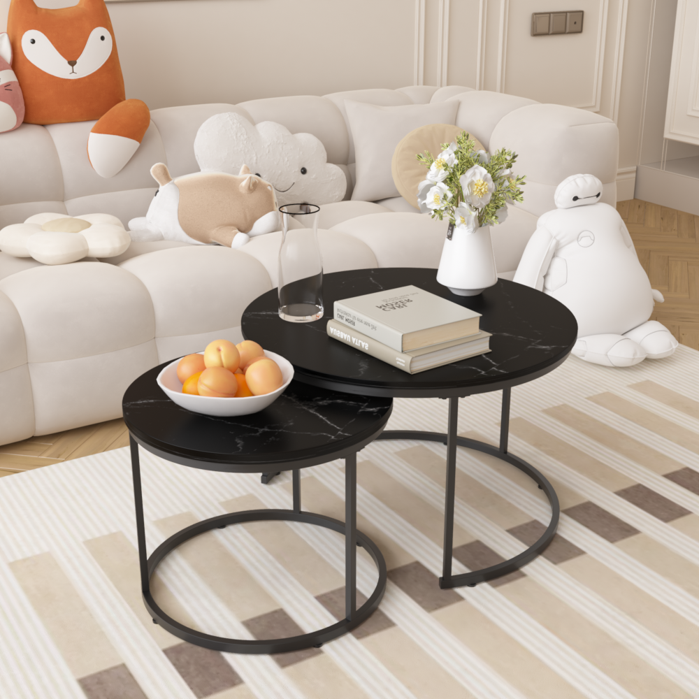 27.6" Nesting Coffee Table Set of 2 | Round Marble Pattern Wood Top | Sturdy Metal Frame | Space-Saving Stackable Design | Living Room, Bedroom, Balcony, Yard | Black/White/Brown